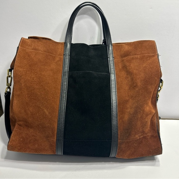 Fossil Carmen Shopper Tote Satchel Brown Black Genuine Leather Suede Key Charm - Picture 4 of 11